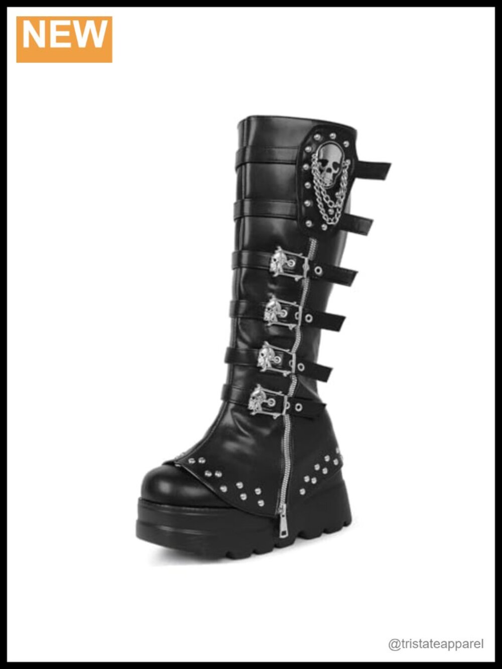 Knee High Platform Wedge Boots Round Toe Punk Goth Motorcycle Combat Buckle